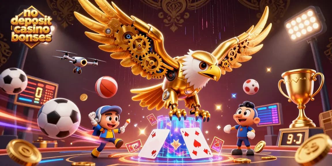 No deposit casino bonuses highlighted in a vibrant 3D scene featuring a cybernetic eagle and sports elements.
