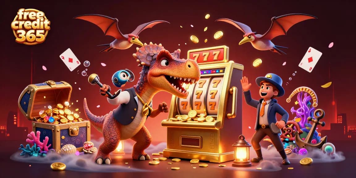 Experience the excitement of free credit 365 with cartoon dinosaurs enjoying jackpots and gold coins