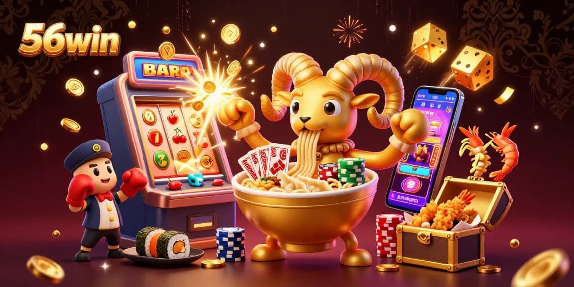 Experience the thrill of 56win with an animated casino scene featuring engaging characters and jackpot excitement.