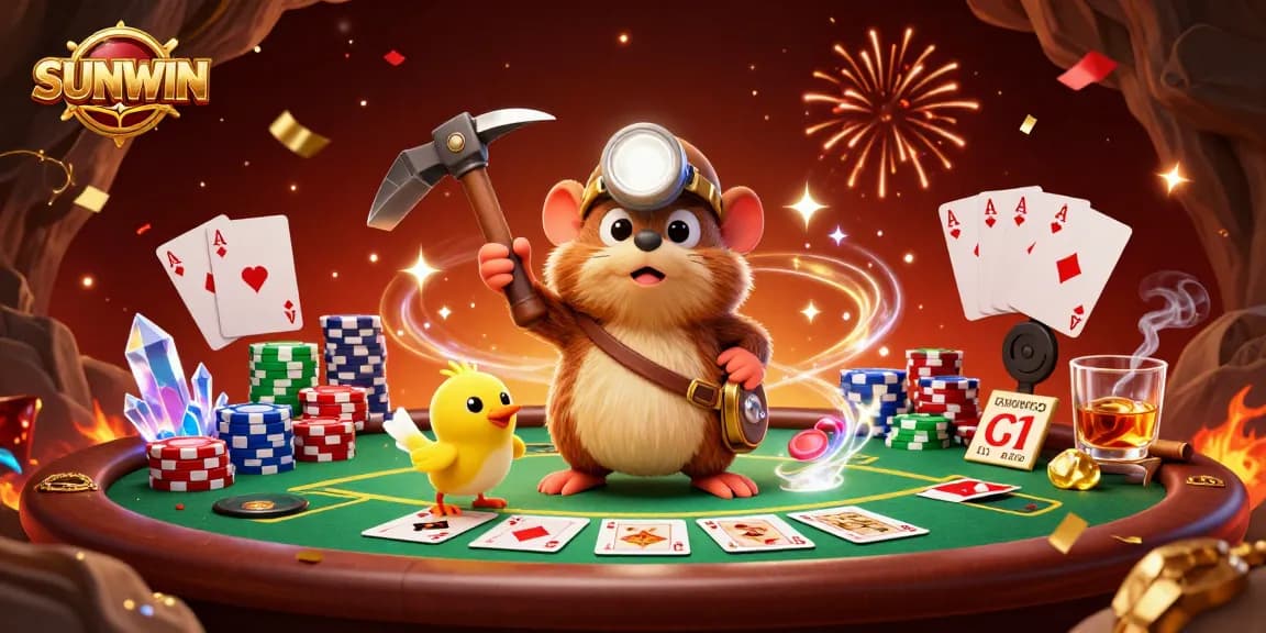 SUNWIN captures the thrill of gaming, featuring a treasure hunter mole and poker elements in a vibrant scene.