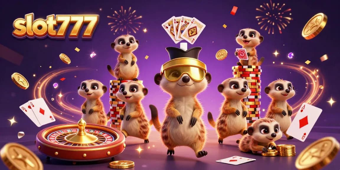 Experience the dynamic excitement of slot777 with a 3D cartoon colony of meerkats in an elaborate casino scene.