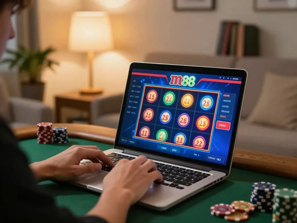 Engaging player focusing on m88 slot gameplay on laptop in a cozy home setting.