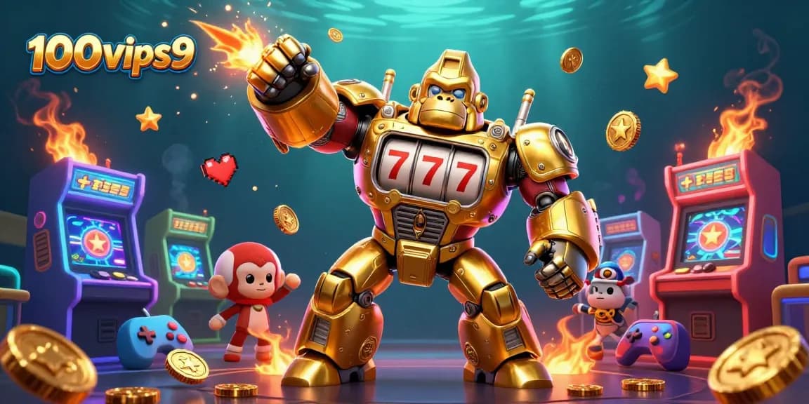 Engage with 100vips9's vibrant 3D casino gameplay through a dynamic golden gorilla mech and exciting game elements.