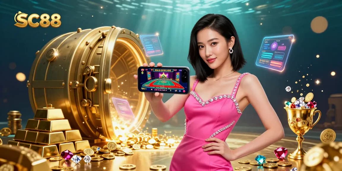 Experience SC88 live dealer games with stunning visuals and sparkling treasures in this captivating casino scene.