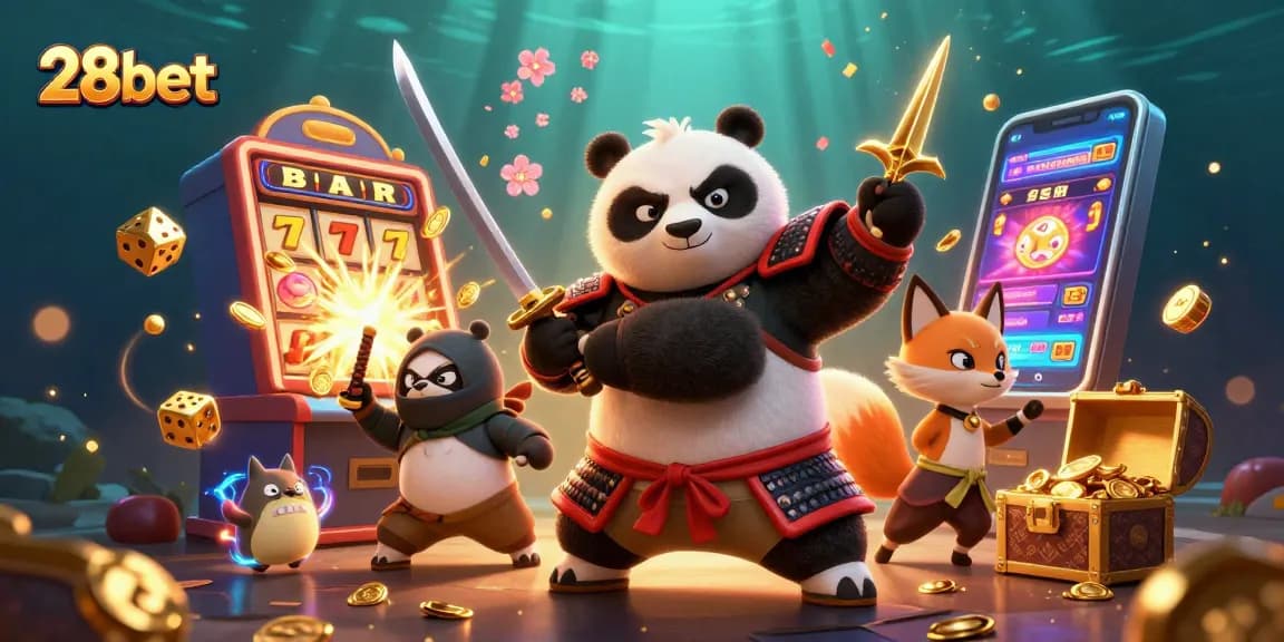 Experience exhilarating action at 28bet as playful characters engage in thrilling slot machine gameplay.