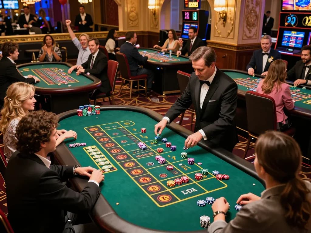 xx88 players placing bets at roulette tables in a bustling casino atmosphere