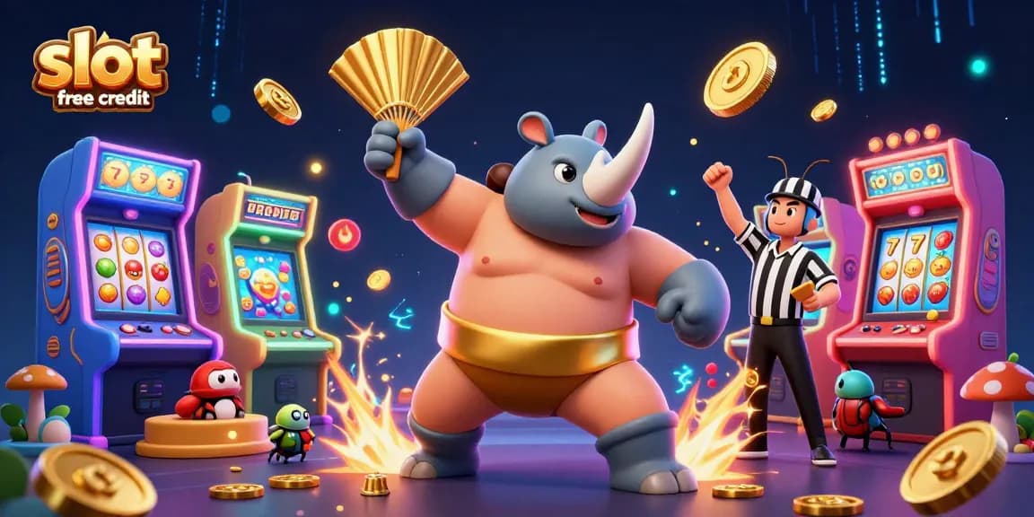 Engage with slot free credit as a rhinoceros beetle stomps gold coins in a vibrant casino scene.