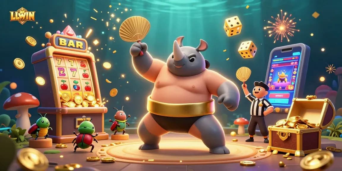 Experience thrilling wins at LLWIN as a dynamic sumo champion beetle stomps coins amidst vivid casino elements.