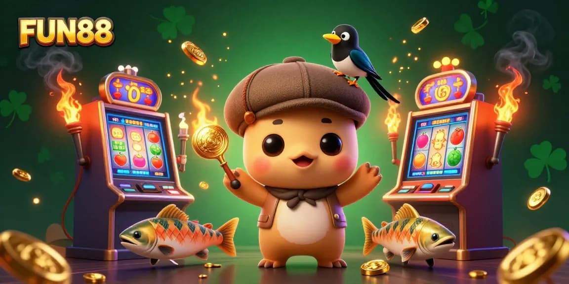 Experience the thrill of FUN88 with vibrant casino-themed characters amidst colorful slot machines.