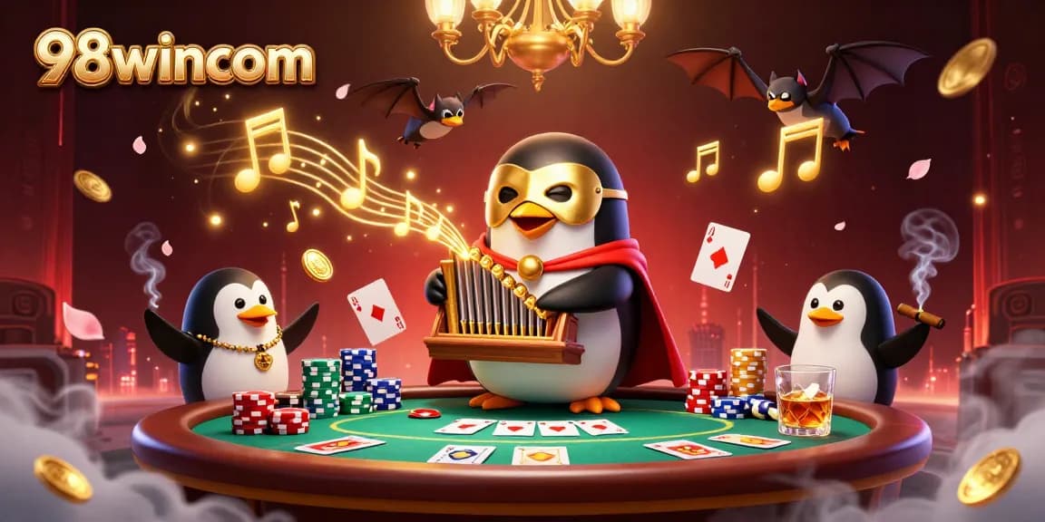 98wincom highlights an exciting casino-themed scene with colorful poker elements and vibrant characters.