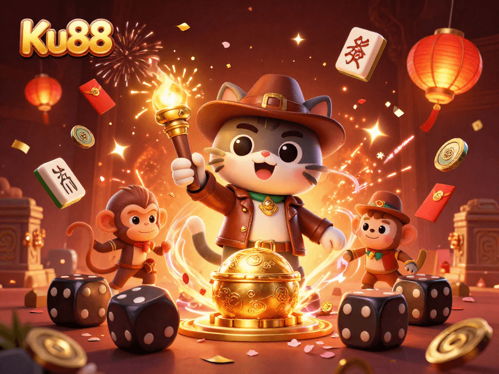 Engage in thrilling gameplay with Ku88, featuring a cat explorer discovering casino treasures.