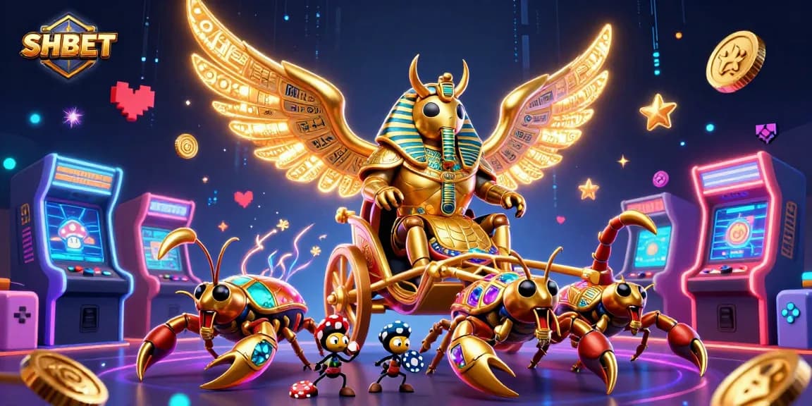 Experience the excitement of SHBET with a vibrant 3D casino scene, featuring a golden scarab beetle and dynamic gaming elements.