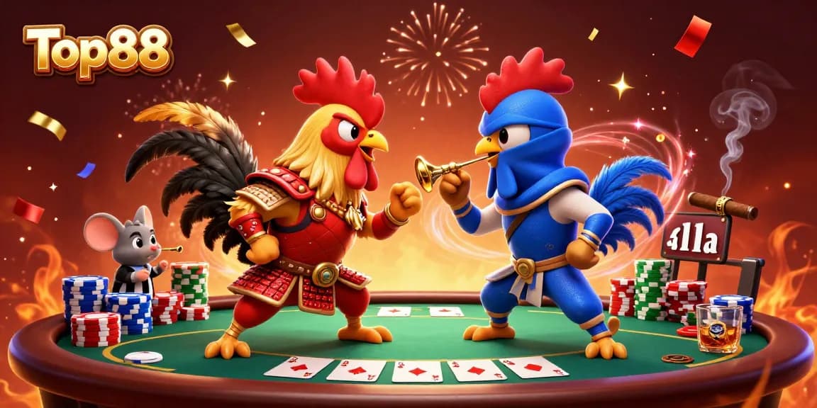 Engage in thrilling action at Top88 with roosters in epic standoff surrounded by poker elements.