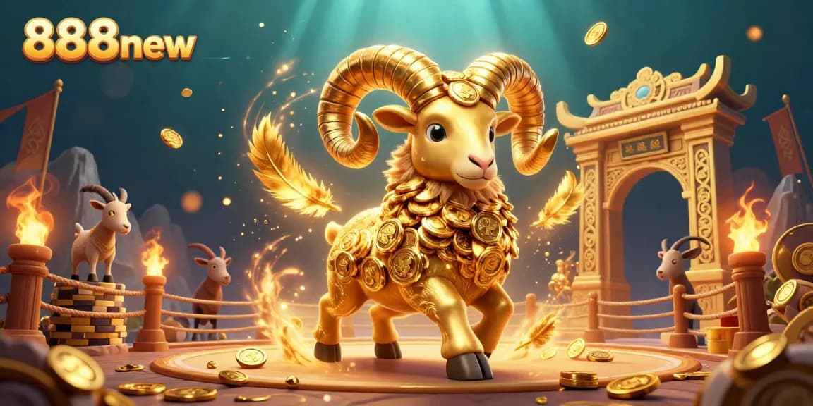 Dynamic 888new casino scene with a golden ram charging, surrounded by coins and feathers.