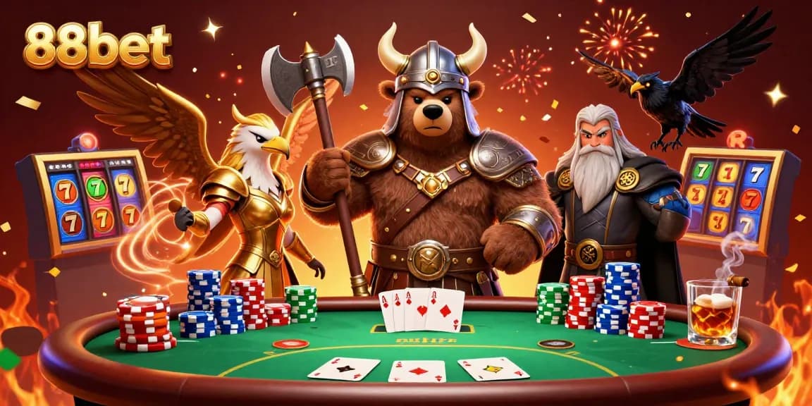 Experience the excitement of 88bet with a dynamic 3D illustration of casino characters and elements.