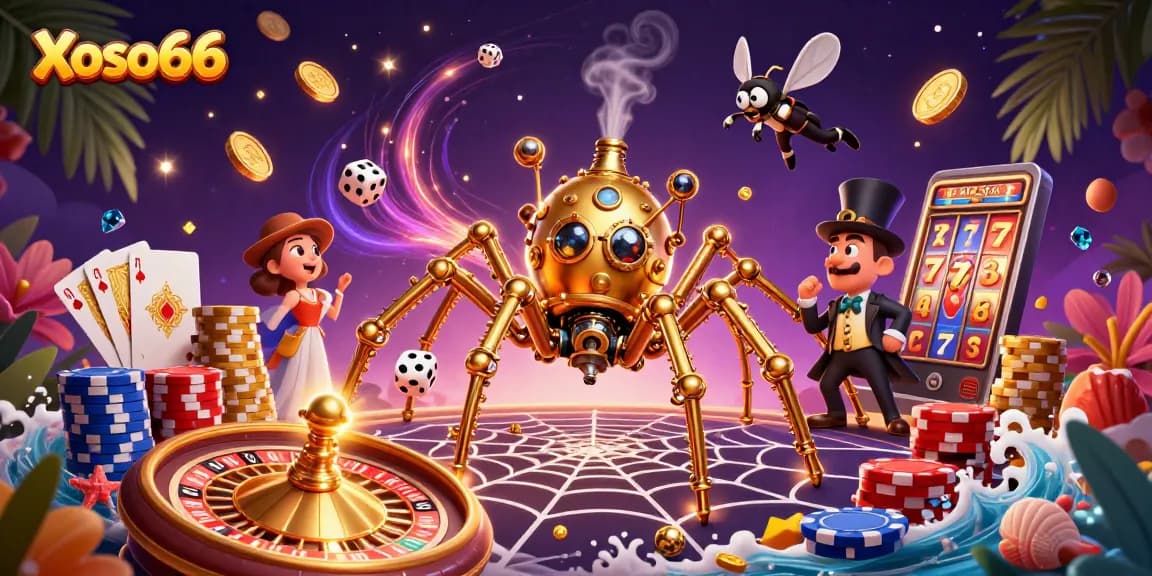 Xoso66 captivates players with a dynamic 3D casino scene featuring a steampunk spider and poker elements.