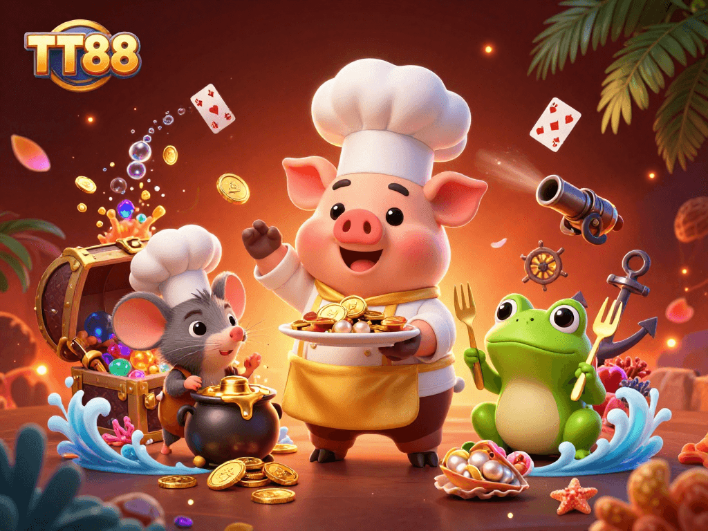 Engage with TT88 through a vibrant 3D scene showcasing cartoon characters and gold riches