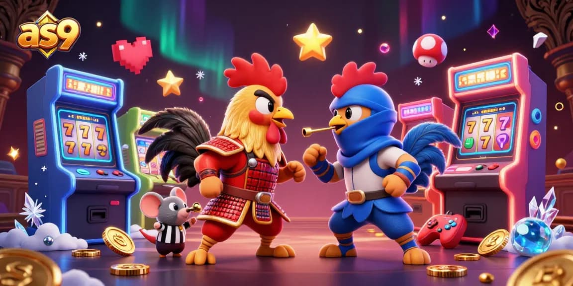 Engage in thrilling games at as9 with dynamic 3D art featuring epic rooster battle and casino elements.