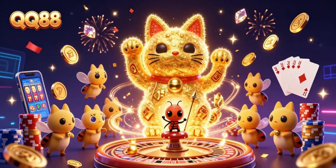 Experience the thrill of QQ88 with vibrant casino symbols and exciting gaming elements.
