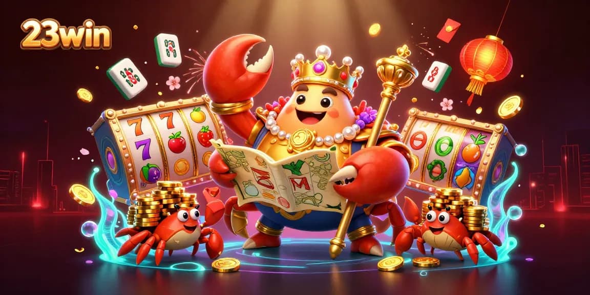 Engage with thrilling gaming adventures at 23win, featuring a spectacular golden crab emperor surrounded by vibrant slot symbols.