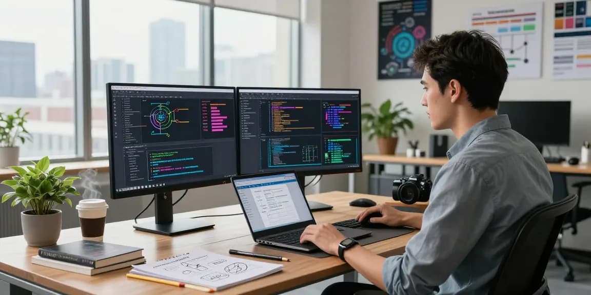 Developer coding at a modern workspace showcasing WPS Official Website tools for enhanced productivity.