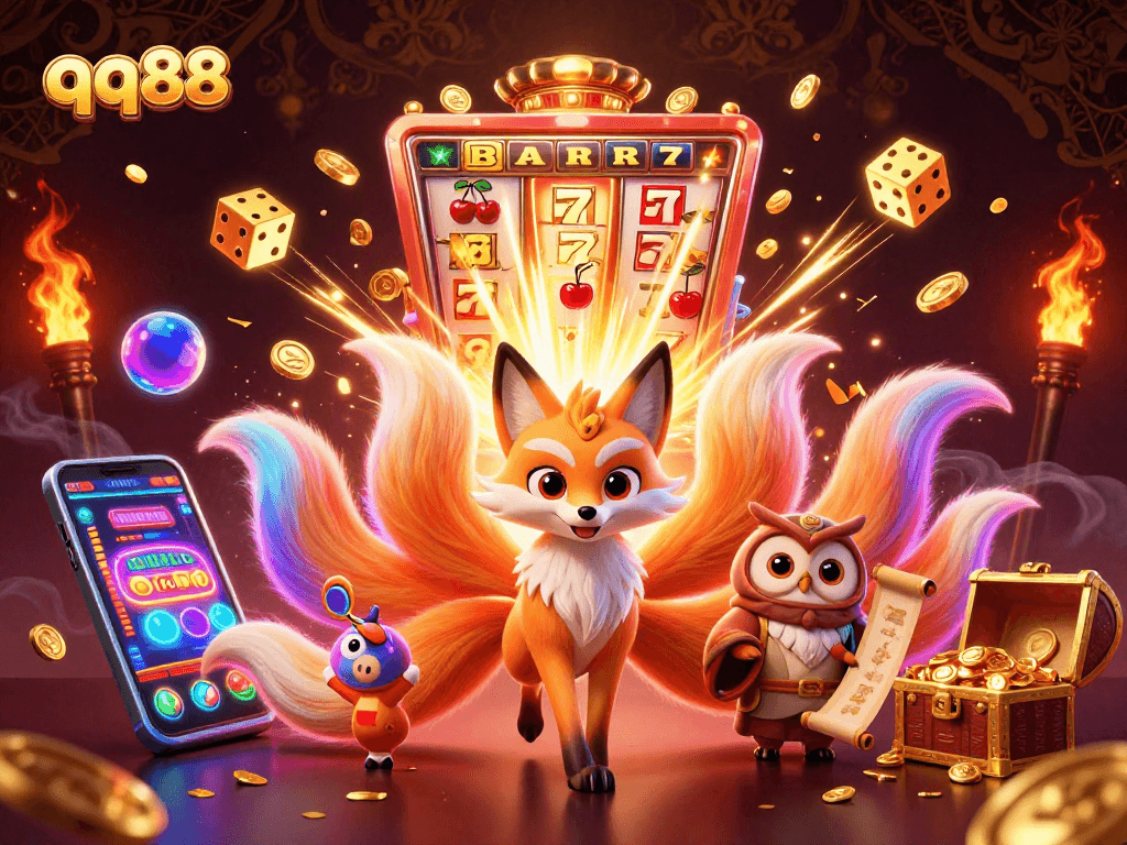 Spin the reels of qq88 and experience an explosion of colors and jackpots in this vibrant casino scene.