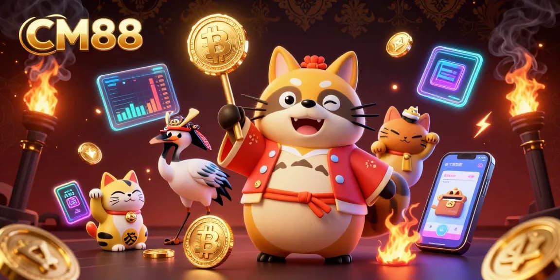 Engage with CM88's vibrant 3D casino scene featuring lucky characters and crypto coins.