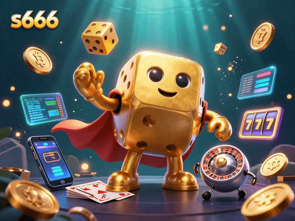 Experience the thrill of s666 with a vibrant 3D dice golem and crypto themes.