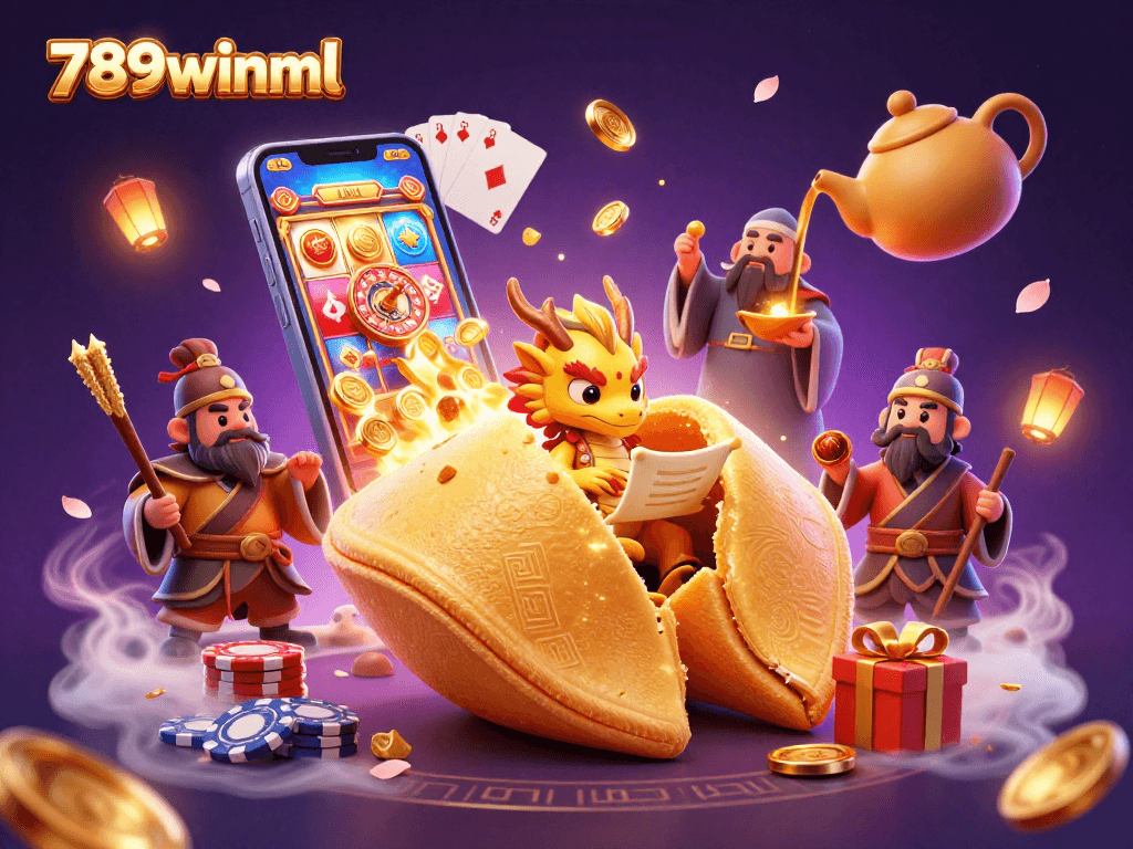 The vibrant 3D illustration captures 789winml with a golden fortune cookie dragon surrounded by casino game elements, showcasing an enchanting gambling scene.