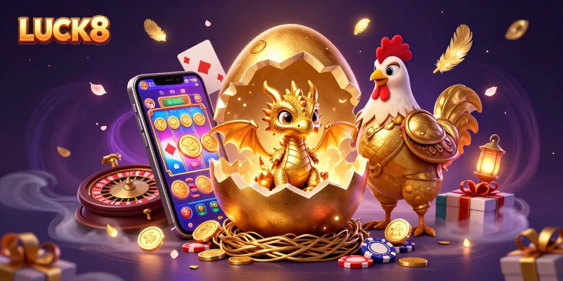 Experience the excitement of LUCK8 with a golden dragon and a world of casino gaming elements.