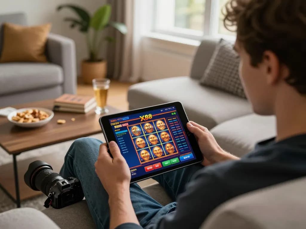 Player enjoying online gambling on xx88 site displayed on tablet in cozy home setting.