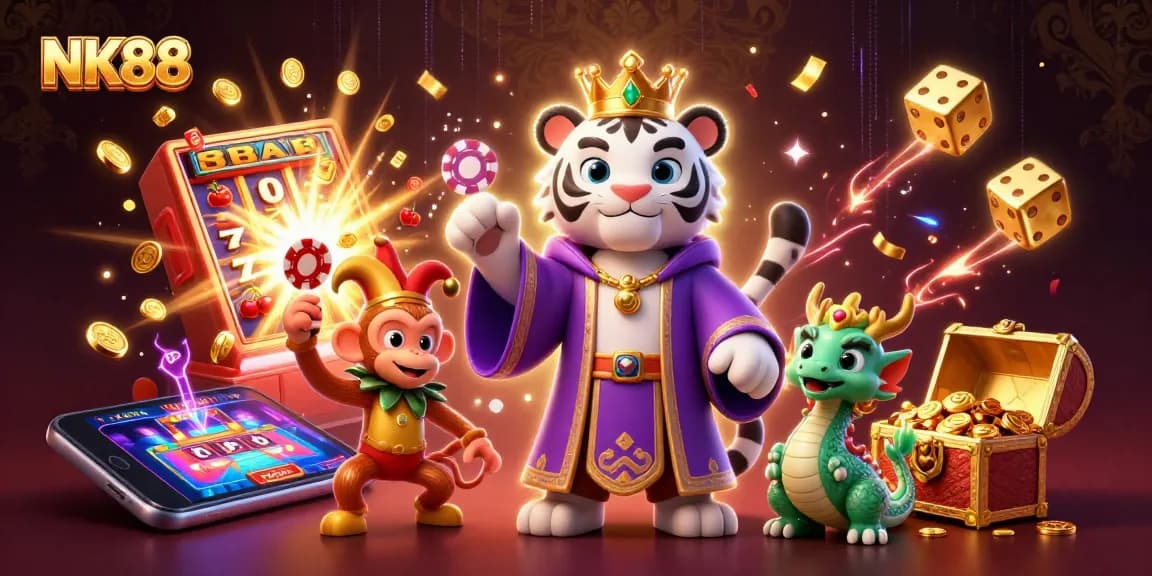 Engage with NK88's thrilling casino fun through animated characters, vibrant slot machines, and jackpot excitement.