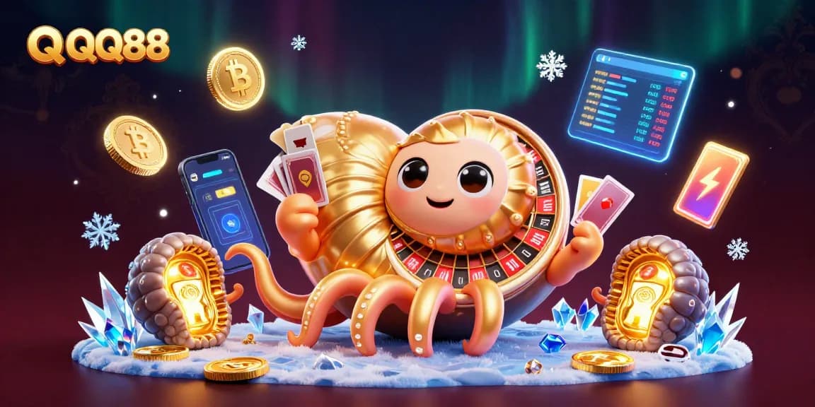 Bet on QQ88 with a vibrant casino scene showcasing a giant nautilus roulette wheel.