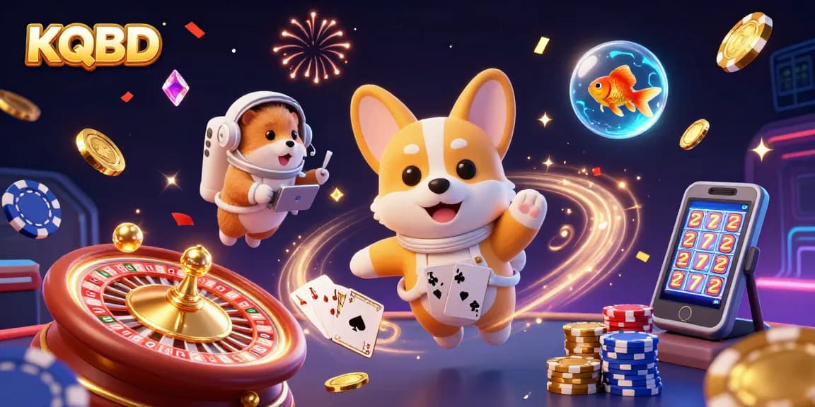 Engage with KQBD's thrilling floating casino scene featuring an astronaut corgi, gaming elements, and vibrant fireworks.