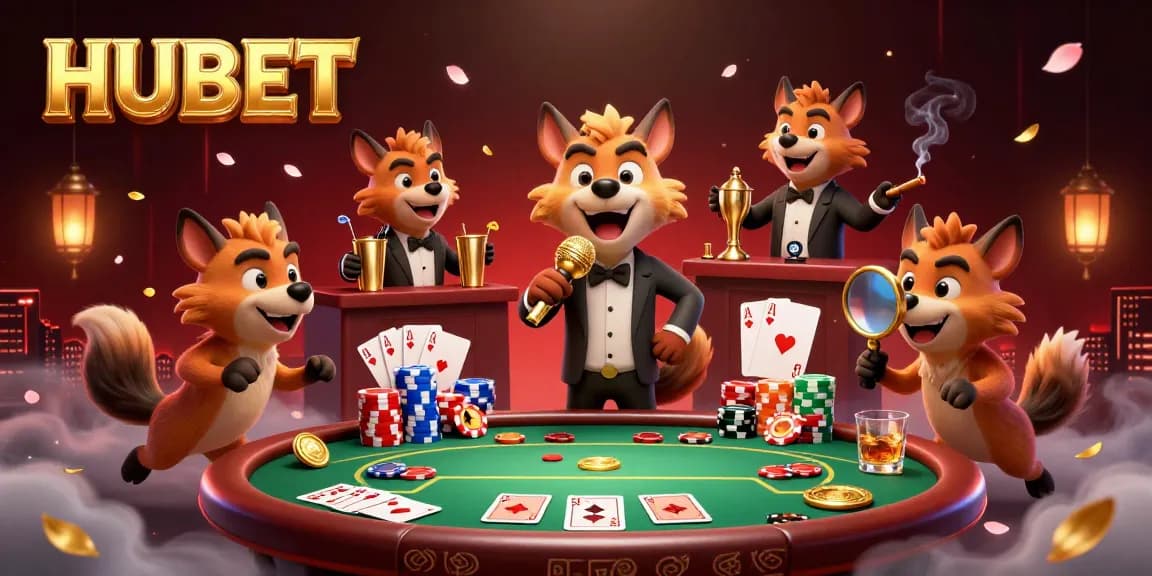 Engage with HUBET's vibrant comedy casino scene, showcasing hyenas in dynamic roles with poker elements.