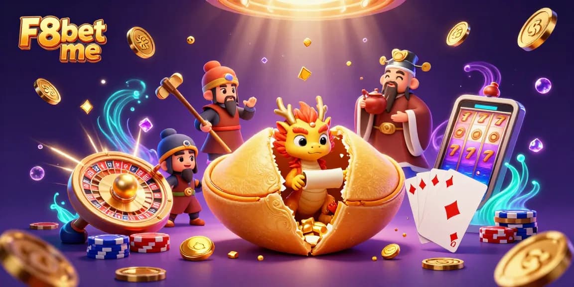 Explore exciting gambling with F8bet me in a vibrant 3D casino illustration featuring golden elements.
