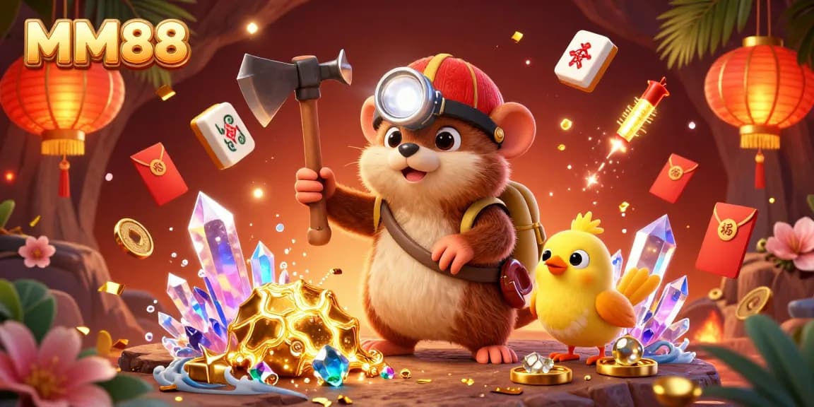 Experience the thrill of MM88 with a vibrant 3D illustration of a treasure hunter mole and gems in an exciting casino scene.