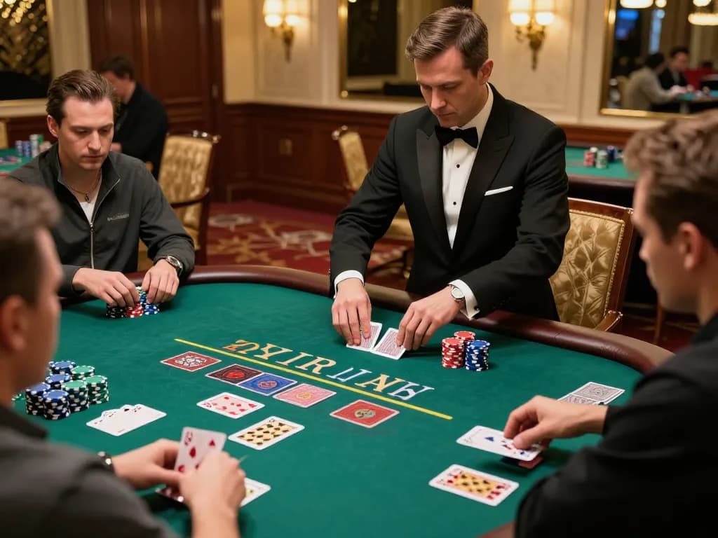 Players at F8BET blackjack table placing their bets with serious expressions, during an exciting game.