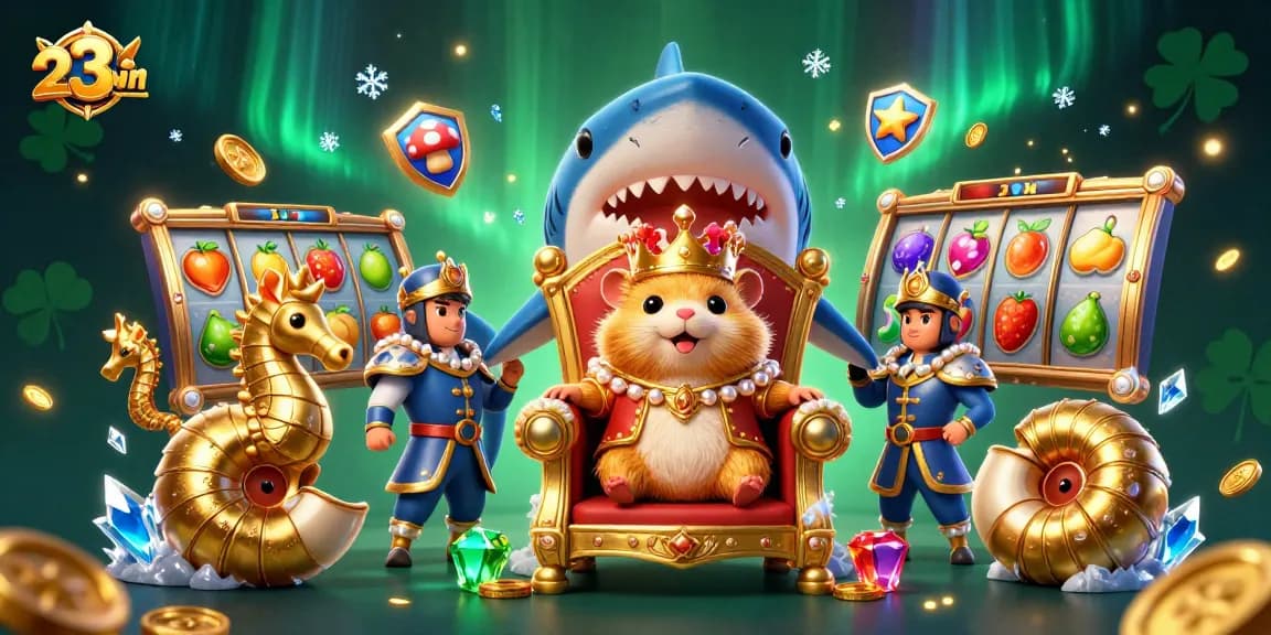 Engage with 23win's thrilling slot game experience featuring a golden hamster king, jackpot reels, and vibrant gold coins.