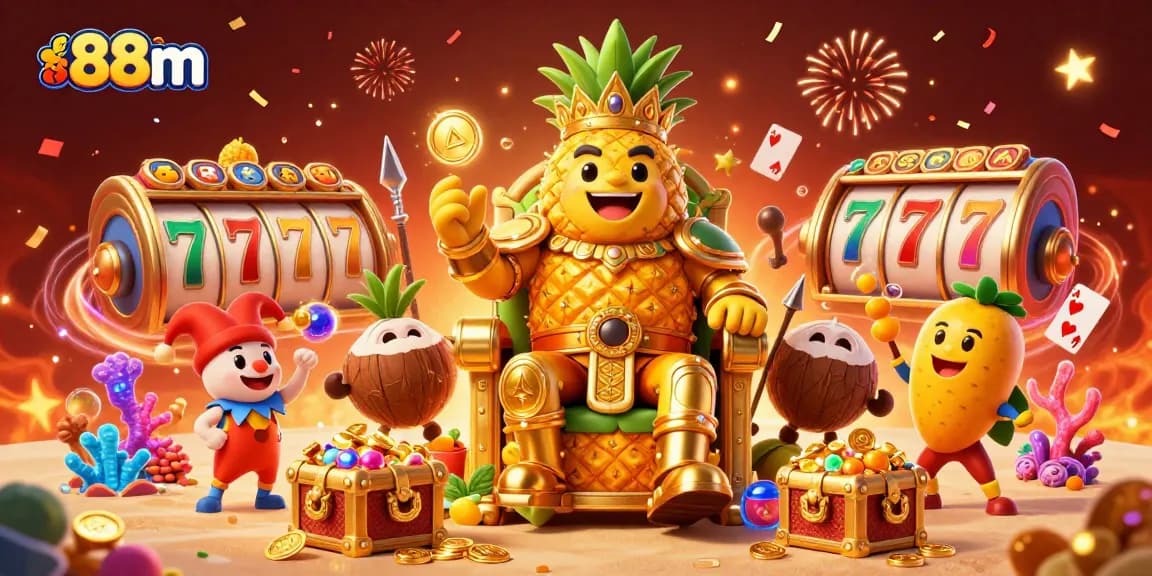 Experience thrilling wins with 88m in a vibrant 3D casino scene packed with colorful slots and dynamic characters.