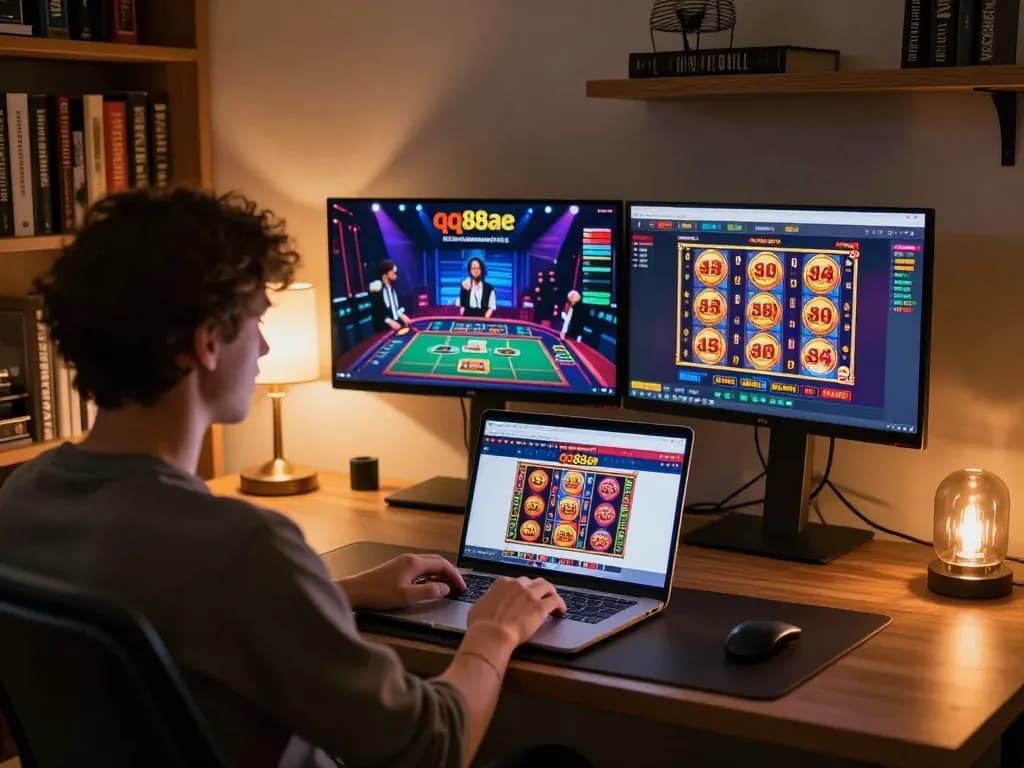 Engaging in gameplay on qq88ae's online casino interface from a stylish home office setup.
