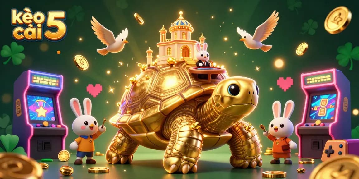 Engage with kèo nhà cái 5 in a vibrant 3D casino scene featuring a golden tortoise and a card dealer.