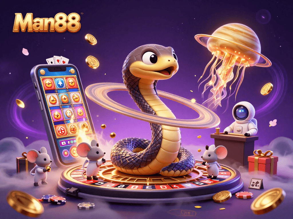 Engage with thrilling gaming experiences at Man88, showcasing a cosmic casino adventure.