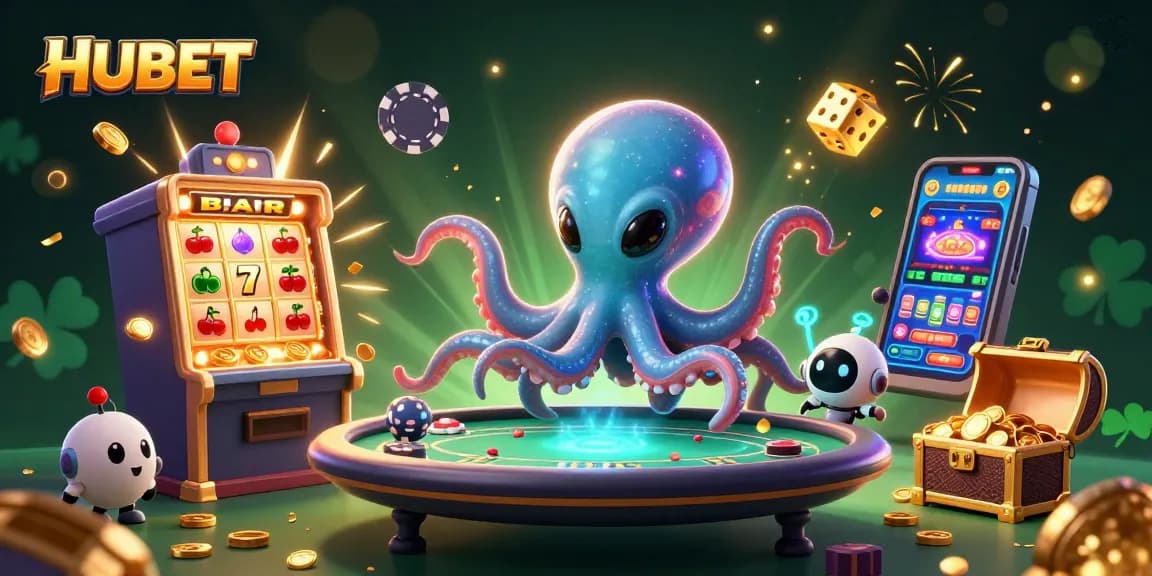 Engage with HUBET while enjoying a vibrant 3D illustration of an alien octopus at a poker table, surrounded by dynamic casino elements.