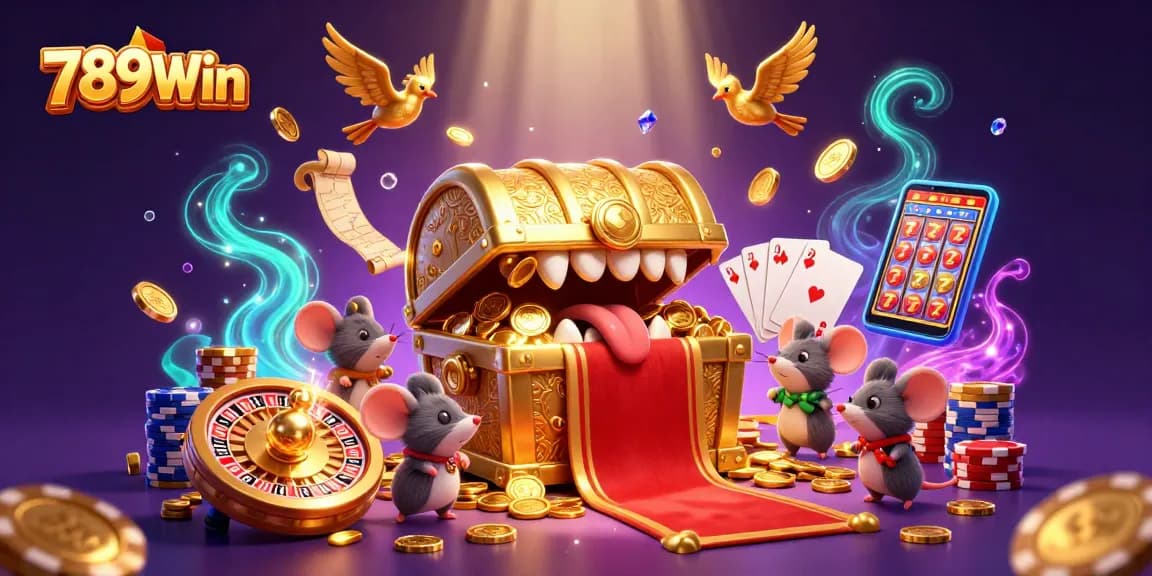 Experience thrilling adventures with 789Win's captivating gaming treasure chest and sparkling casino elements.