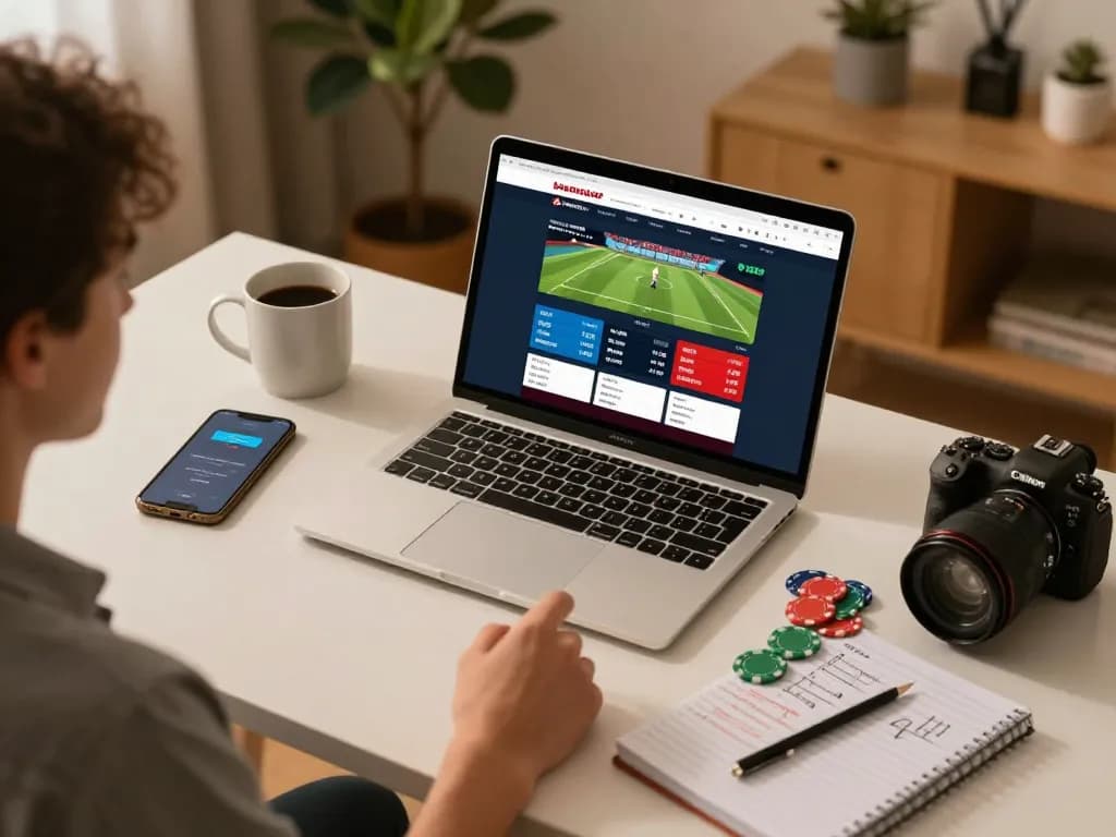 Utente impegnato che esplora le quote dei bookmaker non AAMS 2027 su un laptop in un ambiente domestico accogliente.