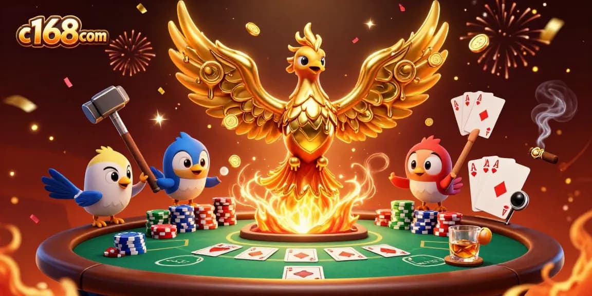 Experience the excitement of c168com with a golden phoenix amidst a vibrant casino backdrop.