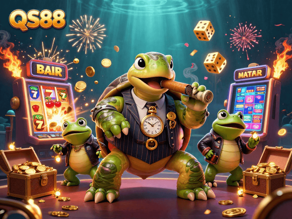 Experience exciting wins at QS88 with a vibrant scene featuring casino characters and jackpot elements.