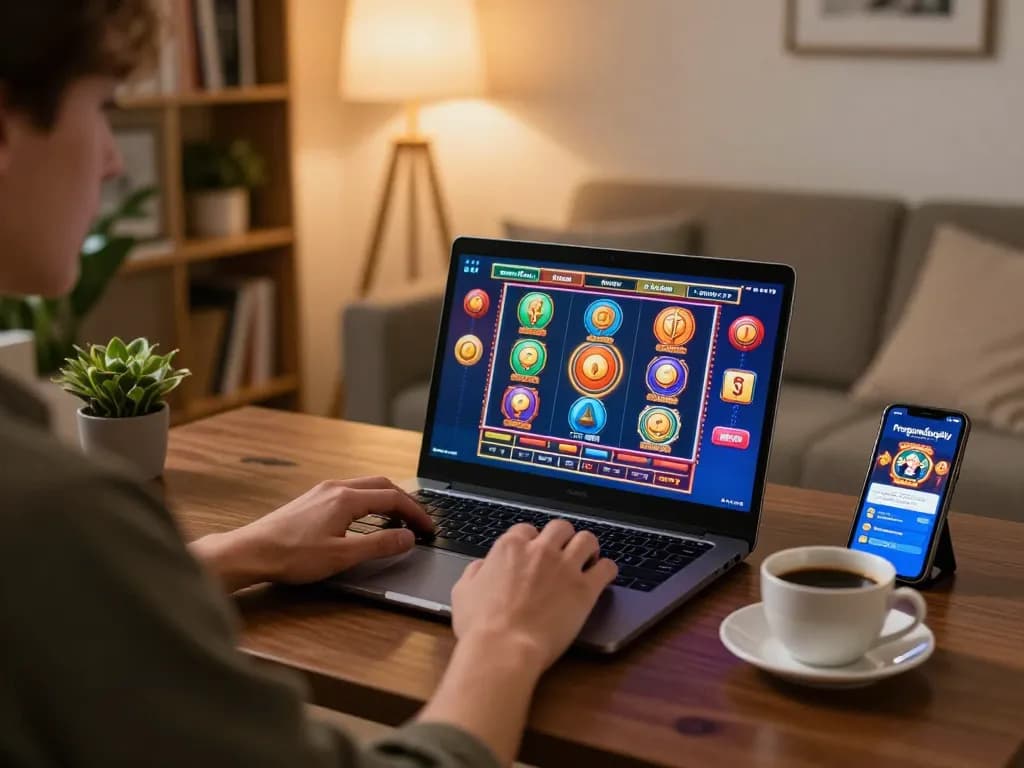 Engaging in online gaming with Pragmaticplay app on laptop at home