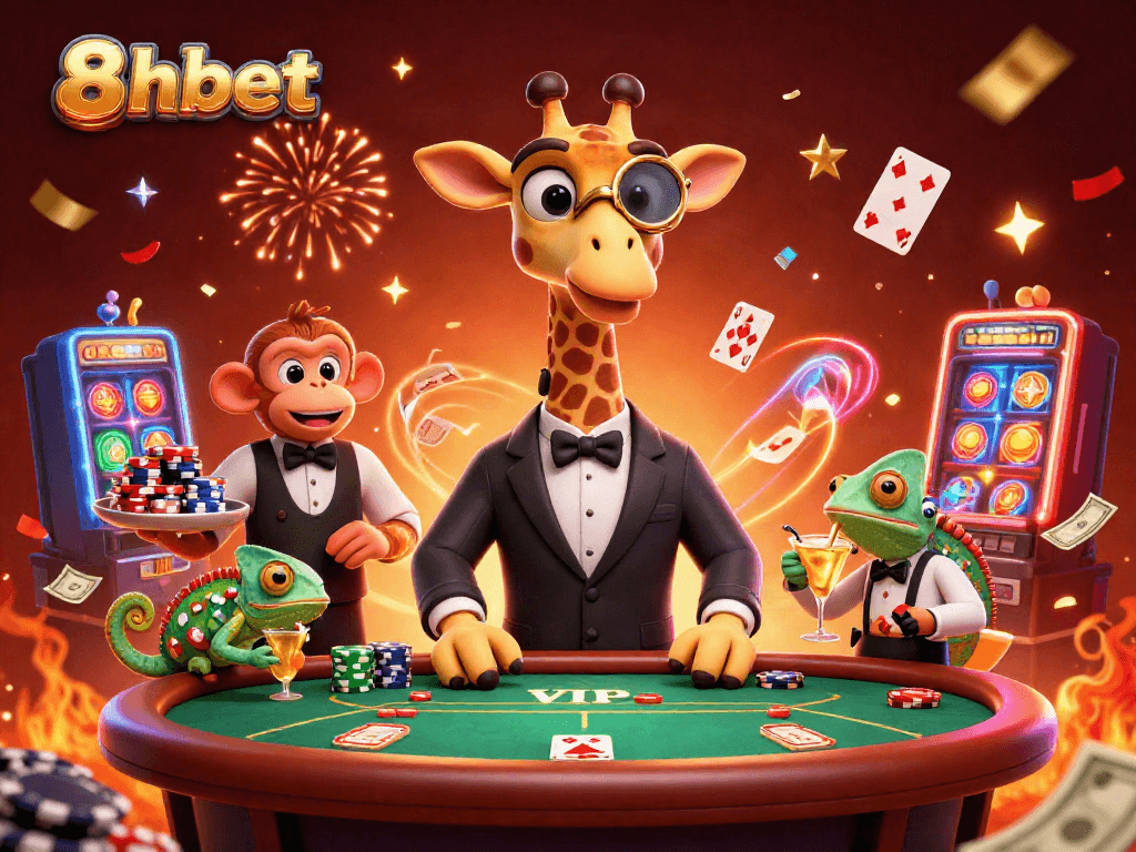 Engage with 8xbet’s vibrant casino scene featuring characters and festive elements in a playful illustration.